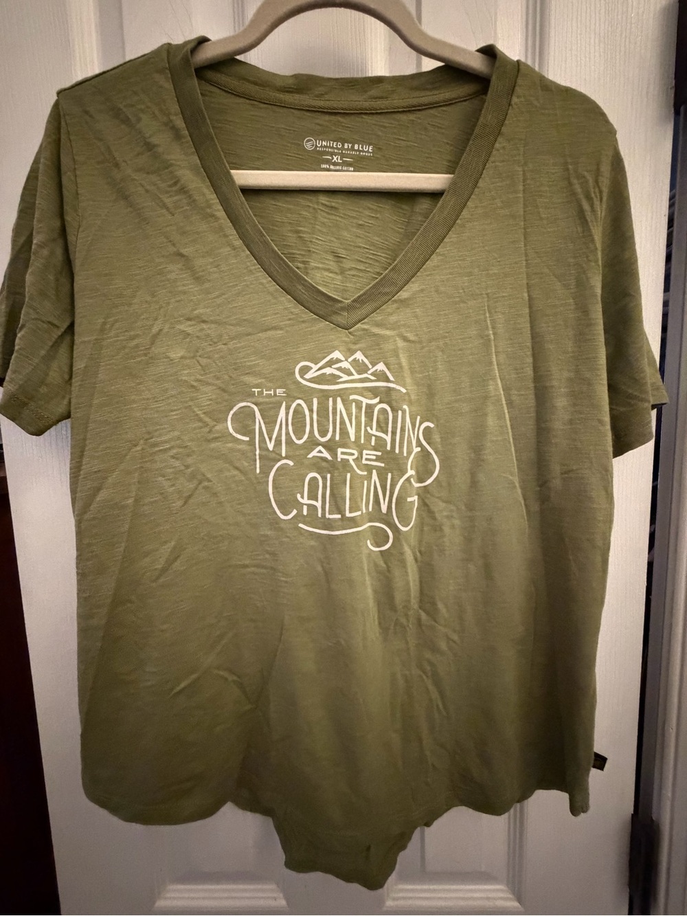 United By Blue - Olive V-Neck Tee with White Mountain Graphic